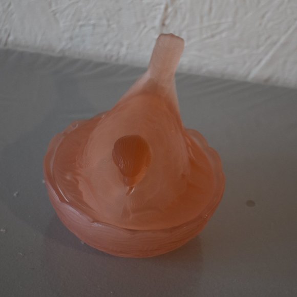 Heisey Frosted/Satin Pink Glass Robin on Basket Candy Dish - Picture 2 of 6